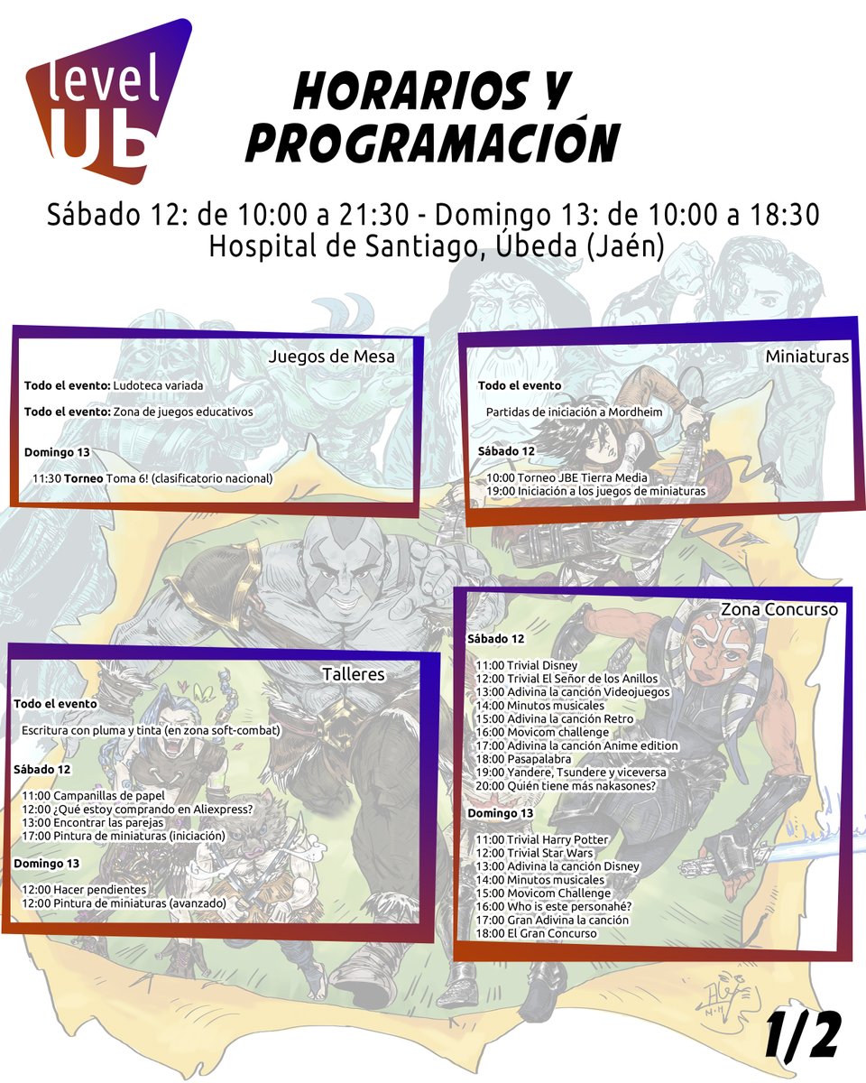 level_ub's tweet photo. Level Ub es este fin de semana. Aquí los horarios del evento para que no te pierdas nada. ¡Te esperamos!
#levelub25 #ubeda #friki #juegosdemesa #cosplay #rol #kpop https://t.co/qK7MVNS602