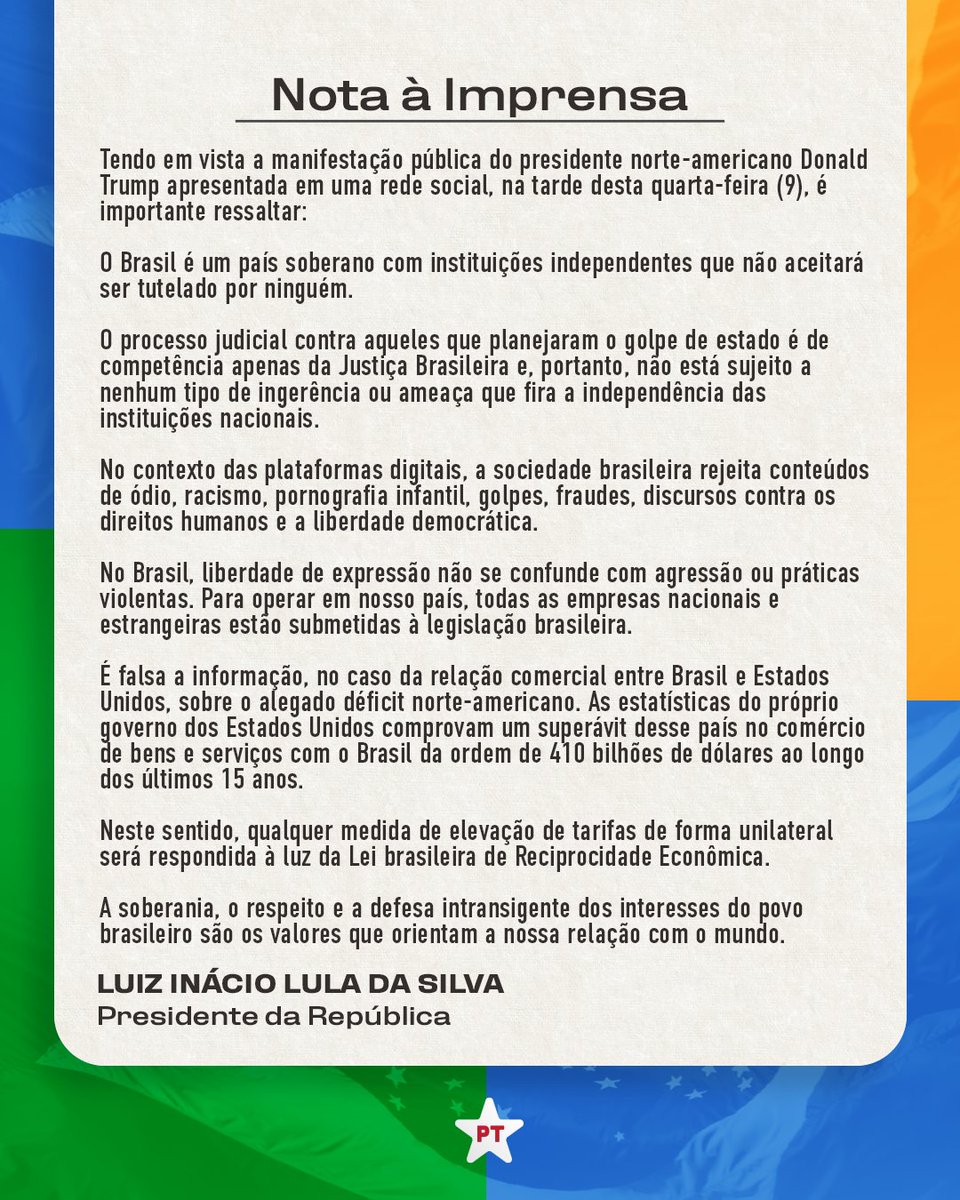 Nota oficial do Palácio do Planalto:
O presidente Lula se posiciona sobre os recentes acontecimentos.

Confira na íntegra: bit.ly/3IhFoSD