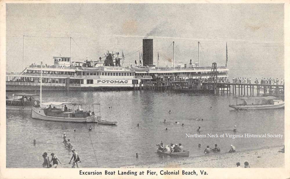 "Dear Mother, We brought a fried chicken picnic and came on the boat to spend the afternoon here on the beach. Thanks for the handkerchief. Love, Louise"

Postcard: Steamer Potomac landing at Colonial Beach, Virginia. Postmarked July 5, 1939.
