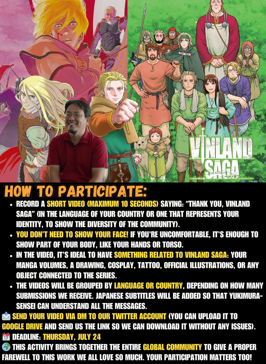 VinlandWorld's tweet image. We're saying goodbye to Vinland Saga with a global fan activity!
The manga ends on July 25, and we want to give it the farewell it truly deserves.
Just like we did for the 20th anniversary, we’re coming together once again—this time, even stronger.