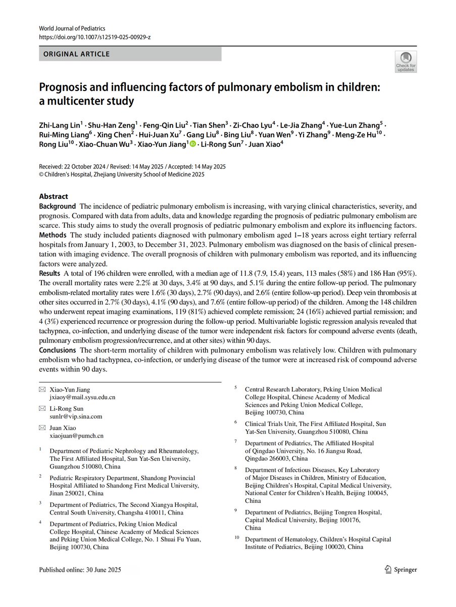 World_J_Pediatr's tweet image. Children with pulmonary embolism face higher 90-day risks of adverse events if they have tachypnea, co-infection, or tumor-related conditions.
#Meded #SoMe4PedSurg #Pediatrics #PublicHealth #PulmonaryEmbolism #Prognosis #RiskFactor
link.springer.com/article/10.100…