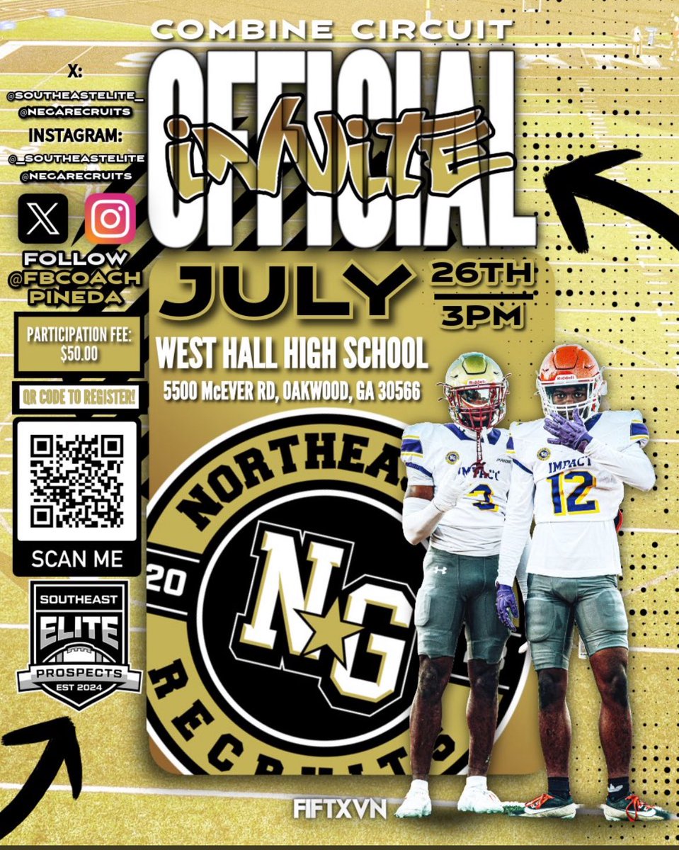 Thank you <a href="/FBCoachPineda/">Coach Taylor Pineda (Coach P)</a> for the invite <a href="/NEGARecruits/">Northeast Georgia Recruits</a> <a href="/SoutheastElite_/">Southeast Elite Prospects</a> <a href="/coachdcanon/">Dustin Canon</a> <a href="/EastForsythFB/">East Forsyth Football</a>