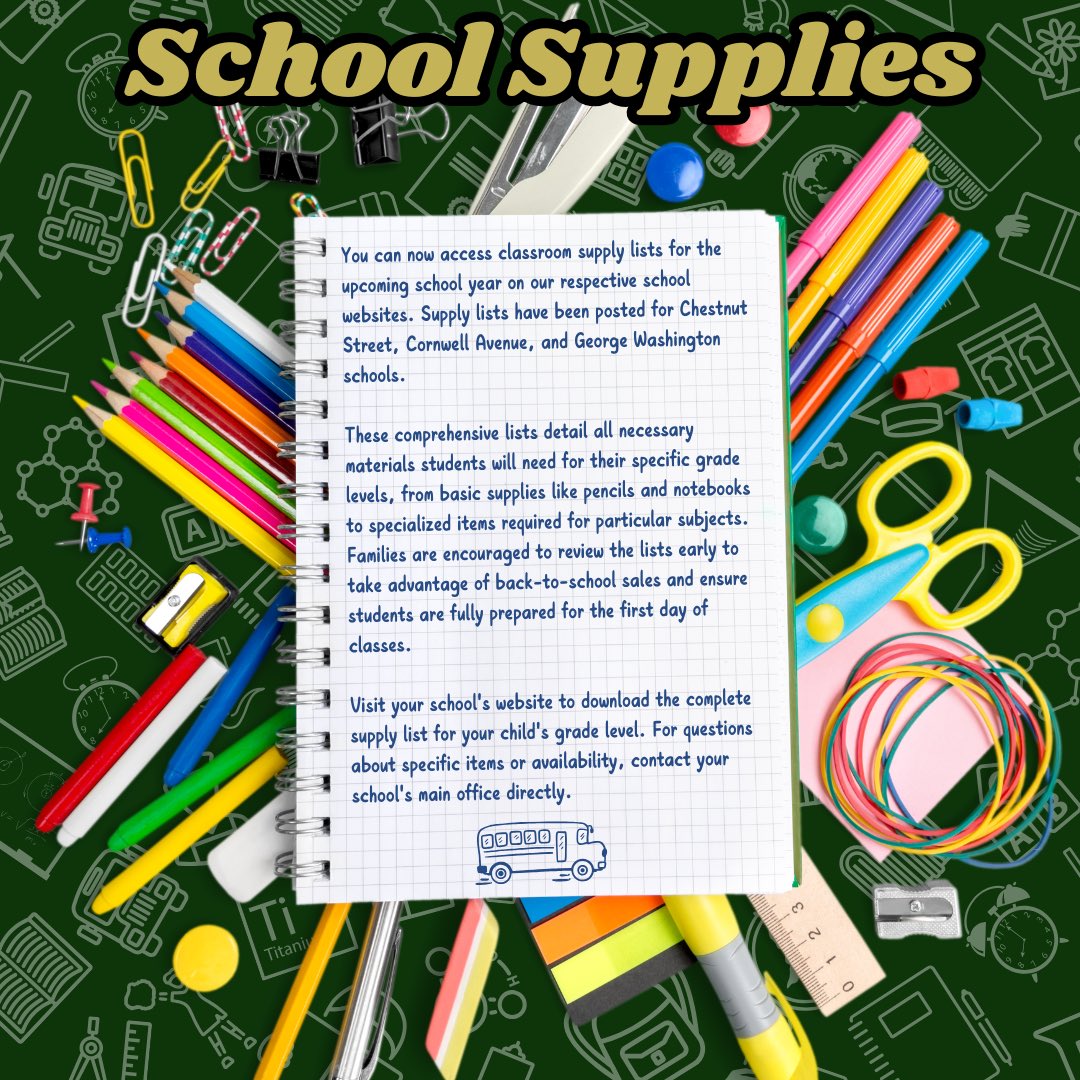 Ram Pride (@whufsdrams) on Twitter photo You can now access classroom supply lists for the upcoming school year on our respective school websites. Supply lists have been posted for <a href="/WHChestnut/">WHChestnut</a> Street, <a href="/CornwellAveES/">CornwellAveES</a>, and <a href="/WHGWashington/">WHGW</a> schools.
These comprehensive lists detail all necessary materials students will need You can now access classroom supply lists for the upcoming school year on our respective school websites. Supply lists have been posted for <a href="/WHChestnut/">WHChestnut</a> Street, <a href="/CornwellAveES/">CornwellAveES</a>, and <a href="/WHGWashington/">WHGW</a> schools.
These comprehensive lists detail all necessary materials students will need