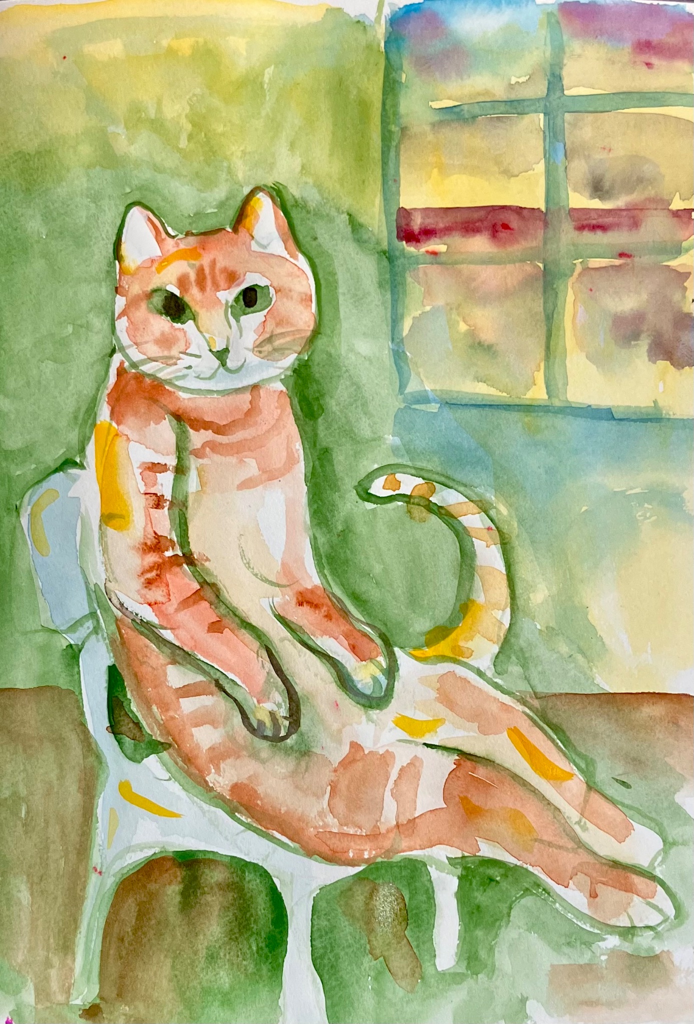 絵画。原画【猫ちゃんは緑のブドウとジュースに恋をした】 絵画。原画【かわいい白猫ちゃんが楽しそうに走る】