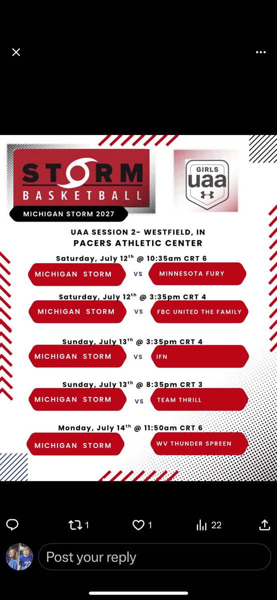 Laney Larsen (@laney_larsen) on Twitter photo This is my schedule for Hoosier Heat and UAA Session 2!!
<a href="/stormAAU/">Michigan Storm Elite</a>
<a href="/CoachWal86/">Olaseni (Shane) Lawal</a> This is my schedule for Hoosier Heat and UAA Session 2!!
<a href="/stormAAU/">Michigan Storm Elite</a>
<a href="/CoachWal86/">Olaseni (Shane) Lawal</a>