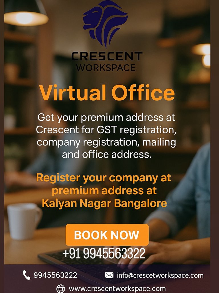 CrescentCowork's tweet photo. Start your business smart!Get a Virtual Office at Crescent Workspace, Kalyan Nagar, Bangalore ✔️ GST Registration,Company Setup,Mailing Address,Premium Bangalore Location 📞 9945563322.#VirtualOffice #BusinessAddress #CrescentWorkspace #BangaloreStartups #CompanyRegistration https://t.co/S97xVj2uwe