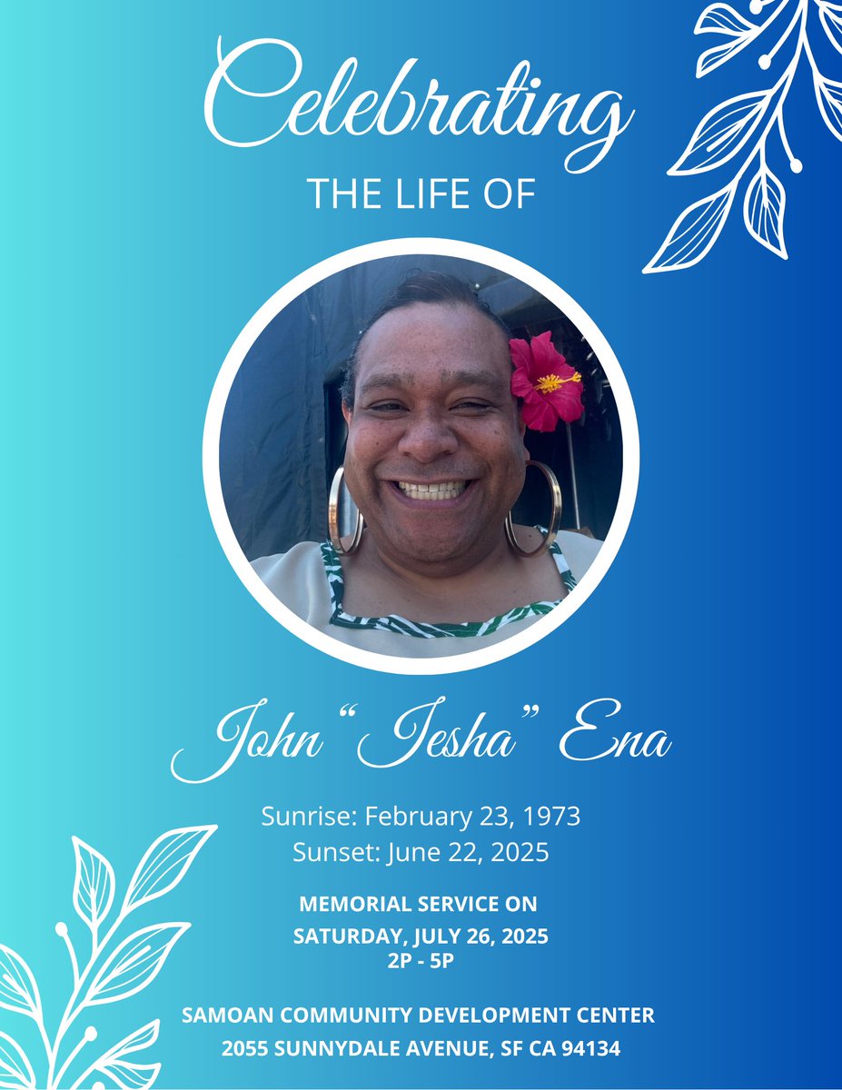 SF_DCYF's tweet image. Memorial service for John "Iesha" Ena will take place July 26 from 2pm-5pm at SCDC, 2055 Sunnydale Ave.
During her 23 years of service at @scdcSF, Aunty John, as she was known to the DCYF Fam, used her incredible voice to teach, to advocate, to connect, and to sing beautifully 💖