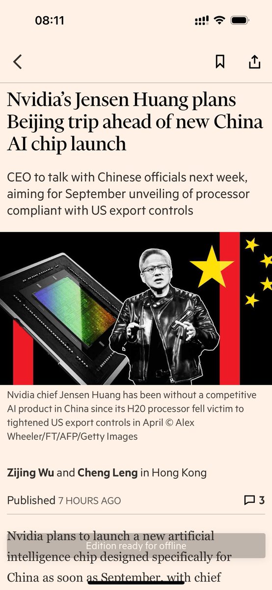 zijing_wu's tweet image. Scoop: Huang plans to meet Chinese premier Li Qiang next week; readies new China AI chip for Sep.
Modified RTX Pro 6000. No HBM/NVLink. Good demand indicated after sample testing but not H20 level as Chinese clients seek to diversify.
Free link: on.ft.com/3GDbZSn