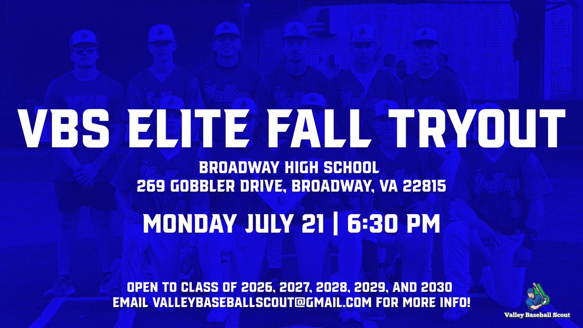 valleybsblscout's tweet photo. VBS Elite will hold tryouts for the Fall 2025 season on Monday July 21st at Broadway HS at 6:30 PM.  

Fall Season Includes:

PBR Scout Day (Broadway, VA)
Firecracker Labor Day Classic (Fairfax,VA) 
JMU Showcase (Harrisonburg, VA)
UVA Showcase (Charlottesville, VA)
Firecracker Fall Championship (Fairfax,VA)

Football friendly schedule
- no Friday games
Save $100s of dollars on travel
- games < 2 hr drive
College coaches present at all games
Unrivaled social media coverage 

Approaching 100 players committed entering the 5th anniversary of the program this Fall!

For more information, email valleybaseballscout@gmail.com