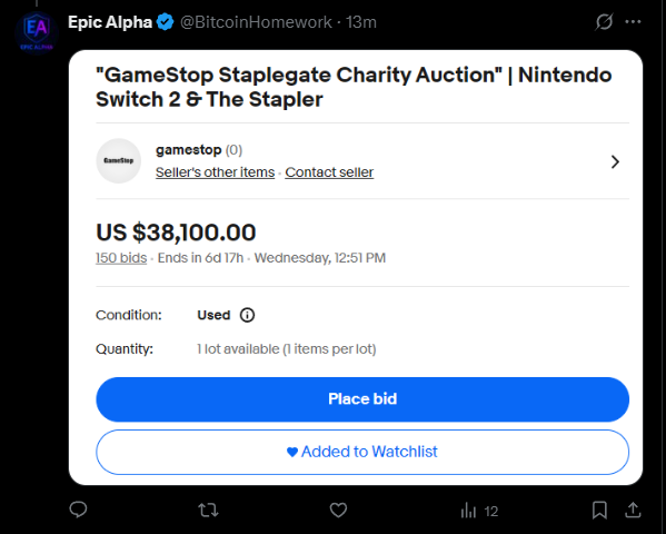 BitcoinHomework's tweet image. 13mins ago #SixFigureStapler was $38k. Dev used my  picture posted earlier at $15,300 for the dex banner! Legendary! 

Current bid $69,900 

ONLY $30,100 until its actualy Six Figure @Gamestop #Stapler. 

CEO is gifting his underwear at $100k