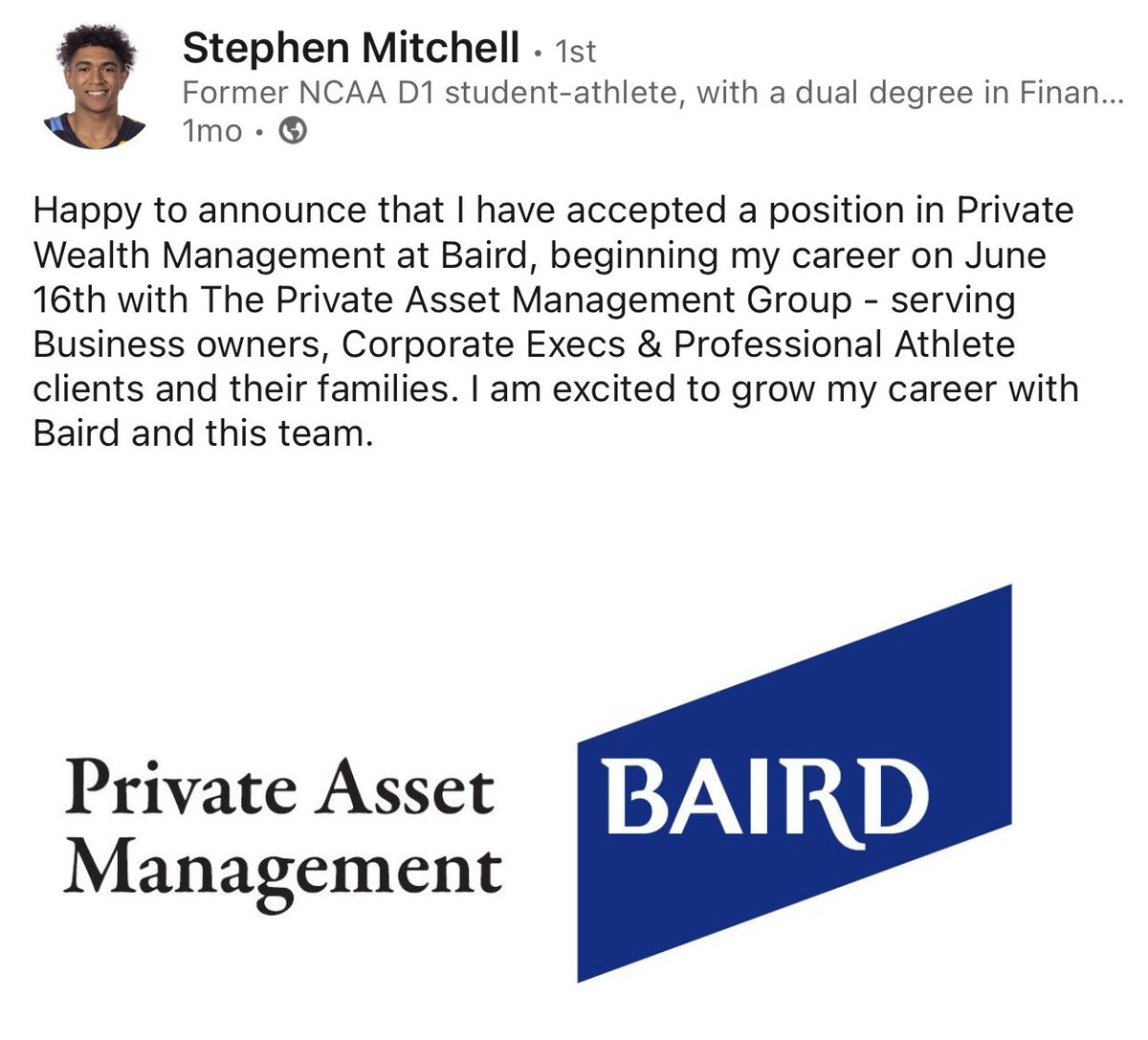 Proud Mom Moment 💙
Just a little update on Stevie’s summer:
✔️ Surgery complete + rehab underway
✔️ Signed with NBA agent Raymond Brothers
✔️ Joined the team at Baird
✔️ Passed his first financial advisor exam 

Grateful for his drive, his heart, and God’s grace.🙏🏽💙💛#keepgoing