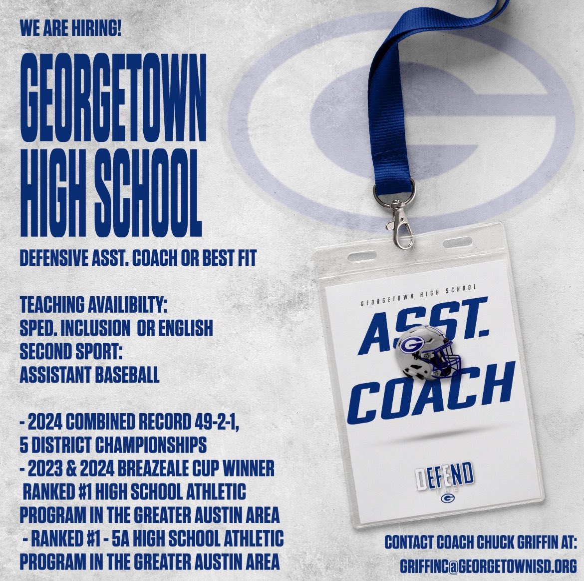Chuck Griffin (@coachgriffghs) on Twitter photo Come join the <a href="/GTEagleFootball/">Georgetown Football</a> and <a href="/EFND_Baseball/">GHS Eagle Baseball</a>. GHS was ranked the number 1 athletic program in the greater ATX two years running. The best 5A program 3 years running. #GTDNA #EFND. DM if you’re interested. Come join the <a href="/GTEagleFootball/">Georgetown Football</a> and <a href="/EFND_Baseball/">GHS Eagle Baseball</a>. GHS was ranked the number 1 athletic program in the greater ATX two years running. The best 5A program 3 years running. #GTDNA #EFND. DM if you’re interested.