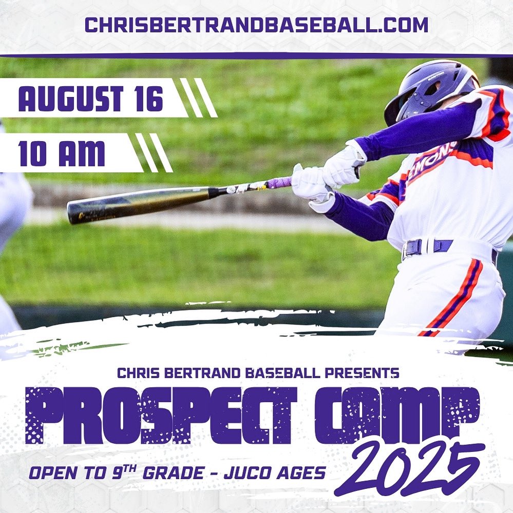 🔥 Mark your calendars! 🔥

Prospect Camp is happening on August 16 at 10 AM, and we want to see you there! This camp is open to 9th grade - JUCO age groups. 

👉 Visit chrisbertrandbaseball.com to register!