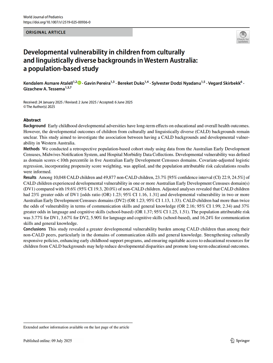 World_J_Pediatr's tweet image. Children from culturally and linguistically diverse backgrounds were more likely to experience developmental vulnerability, especially in communication skills and general knowledge.
#Meded #SoMe4PedSurg #Pediatrics #PublicHealth #ChildhoodDevelopment
link.springer.com/article/10.100…