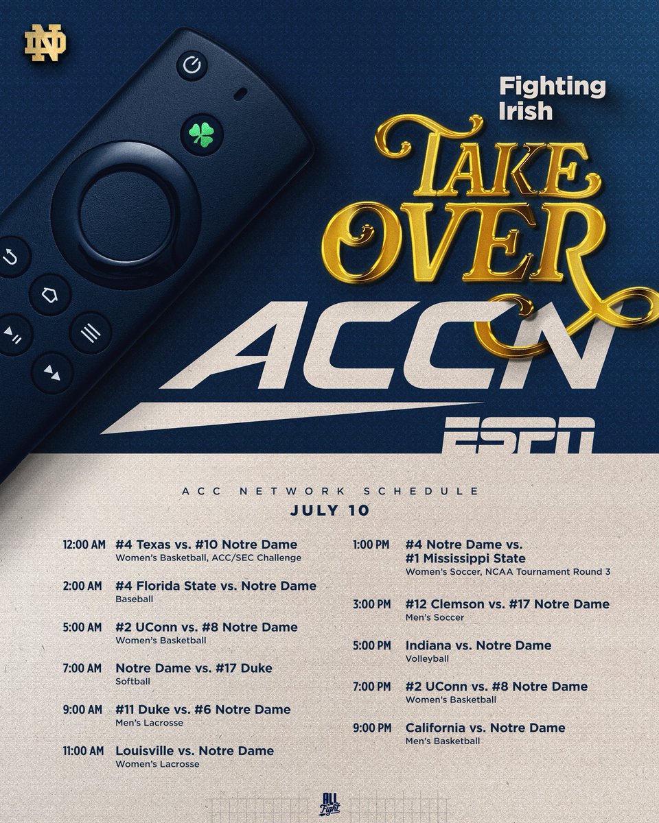 FightingIrish's tweet image. From morning ’til night, it’s all Irish wins.
The @accnetwork takeover starts at midnight!
#GoIrish☘️