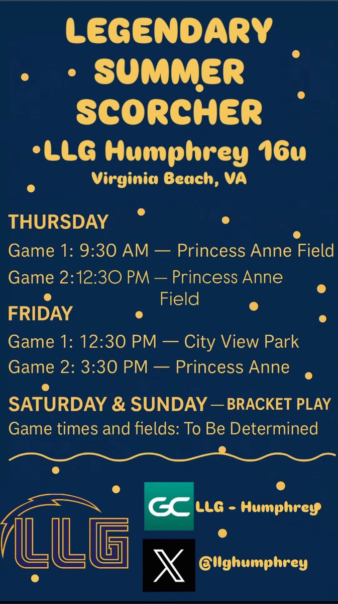 We’re at the Beach this week’s Virginia Beach Summer scorcher come out and watch this talented group of girls!! ⚡️⚡️

<a href="/Huntington_SB/">Huntington Softball</a> <a href="/PSCSoftballWV/">Potomac State Softball</a> <a href="/VWUSOFTBALL/">Va Wesleyan Softball</a> <a href="/coachjoebraun08/">Joe Braun</a> 
@llghumphrey <a href="/Org_LLG/">Lady Lightning Gold Org Account</a> <a href="/Humphrey_Bobby/">Bobby Humphrey</a>