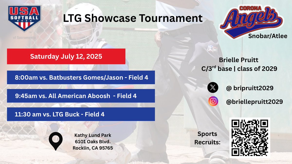 Brielle Pruitt 2029 (@bripruitt2029) on Twitter photo Looking forward to competing in the LTG Showcase Tournament this weekend with my team!
<a href="/CASnobarAtlee28/">Corona Angels Snobar / Atlee 2028</a> <a href="/tarynatlee_/">Taryn Atlee π΅π</a>
<a href="/CalSB/">Cal Softball</a> <a href="/SacStSoftball/">Sacramento State Softball</a> <a href="/SCUSoftball/">Santa Clara Softball</a> <a href="/GCarbonatto/">Gina Carbonatto</a> <a href="/ucdavissoftball/">UC Davis Softball</a> <a href="/Erin_Thorpe/">Erin Thorpe</a> <a href="/crockettpope/">Ki Crockett-Pope</a> <a href="/UCSD_CoachP/">NIKKI PALMER</a> <a href="/_shayknighten/">Shay Knighten</a> <a href="/CoachMJKnighten/">MJ Knighten</a> Looking forward to competing in the LTG Showcase Tournament this weekend with my team!
<a href="/CASnobarAtlee28/">Corona Angels Snobar / Atlee 2028</a> <a href="/tarynatlee_/">Taryn Atlee π΅π</a>
<a href="/CalSB/">Cal Softball</a> <a href="/SacStSoftball/">Sacramento State Softball</a> <a href="/SCUSoftball/">Santa Clara Softball</a> <a href="/GCarbonatto/">Gina Carbonatto</a> <a href="/ucdavissoftball/">UC Davis Softball</a> <a href="/Erin_Thorpe/">Erin Thorpe</a> <a href="/crockettpope/">Ki Crockett-Pope</a> <a href="/UCSD_CoachP/">NIKKI PALMER</a> <a href="/_shayknighten/">Shay Knighten</a> <a href="/CoachMJKnighten/">MJ Knighten</a>