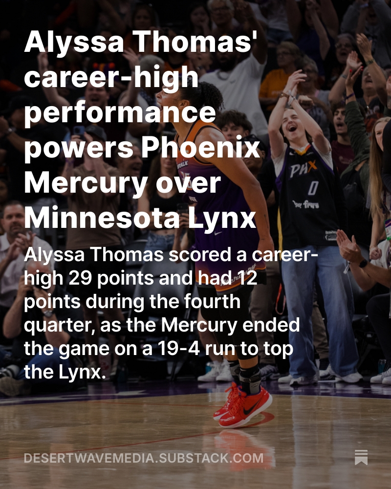 Desert Wave Media (@desertwaveco) on Twitter photo STORY: Alyssa Thomas' fourth-quarter surge fueled the Phoenix Mercury to a 79-71 victory over the Minnesota Lynx.
More from <a href="/veenstra_david/">David Veenstra</a>:
open.substack.com/pub/desertwaveā¦
#WNBA STORY: Alyssa Thomas' fourth-quarter surge fueled the Phoenix Mercury to a 79-71 victory over the Minnesota Lynx.
More from <a href="/veenstra_david/">David Veenstra</a>:
open.substack.com/pub/desertwaveā¦
#WNBA