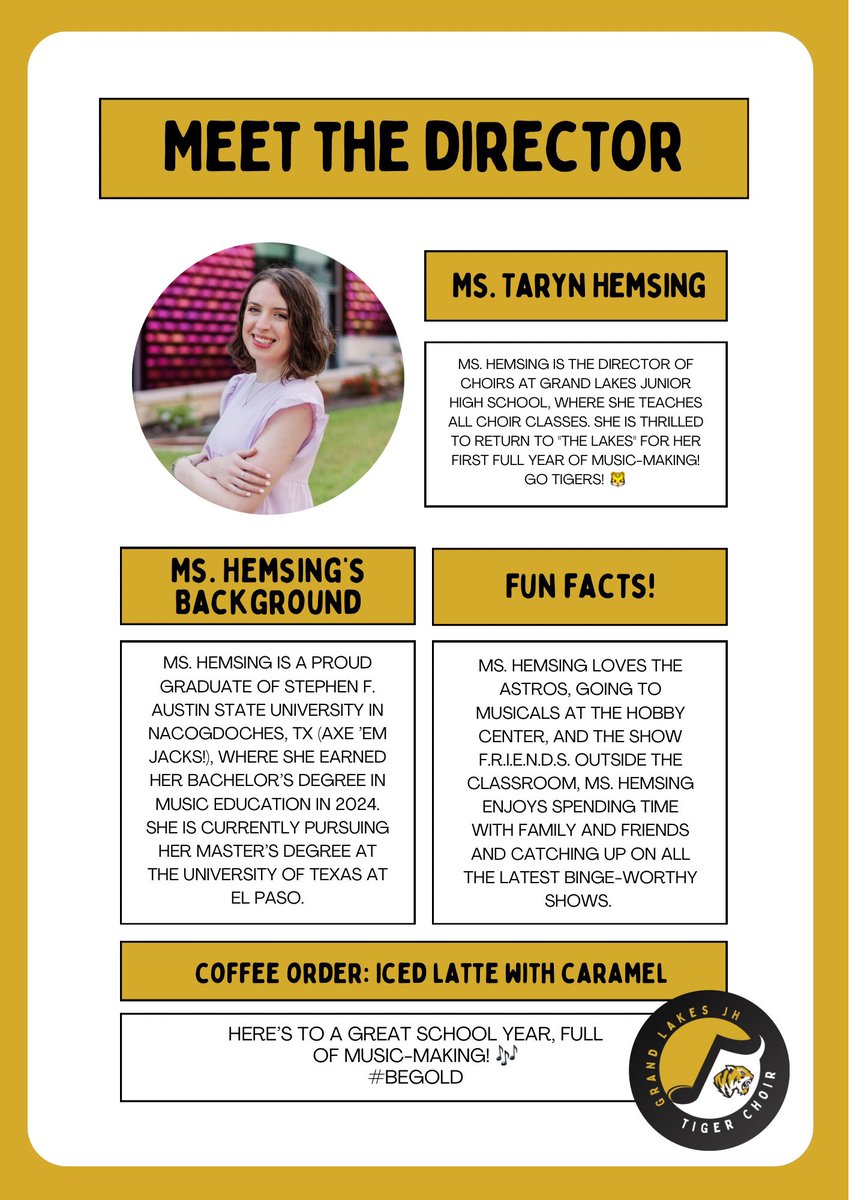 Grand Lakes Junior High Choir (@gljhchoir) on Twitter photo Hello! 👋
Guess who’s back! 🎶 Ms. Hemsing is so excited to return to Grand Lakes JH and make more music with this community! Here’s to another year of harmony, growth, and unforgettable moments! 🐯💛
<a href="/TISDGLJHS/">Grand Lakes Junior High</a> <a href="/FineArtsTomball/">Tomball ISD Fine Arts</a> <a href="/TomballISD/">Tomball ISD</a> #begold #tigerchoir Hello! 👋
Guess who’s back! 🎶 Ms. Hemsing is so excited to return to Grand Lakes JH and make more music with this community! Here’s to another year of harmony, growth, and unforgettable moments! 🐯💛
<a href="/TISDGLJHS/">Grand Lakes Junior High</a> <a href="/FineArtsTomball/">Tomball ISD Fine Arts</a> <a href="/TomballISD/">Tomball ISD</a> #begold #tigerchoir