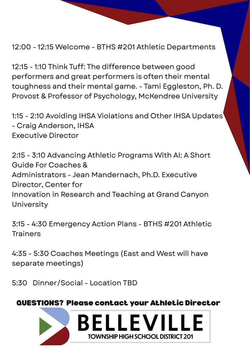 Great day at our District 201 Coaches Institute! Thanks to presenters who covered 
 Sports Psychology, IHSA Policy &amp; using AI to aide coaching. Also heard from 201 ATs on emergency action plans. Our coaches got better today which will make our student athletes better!