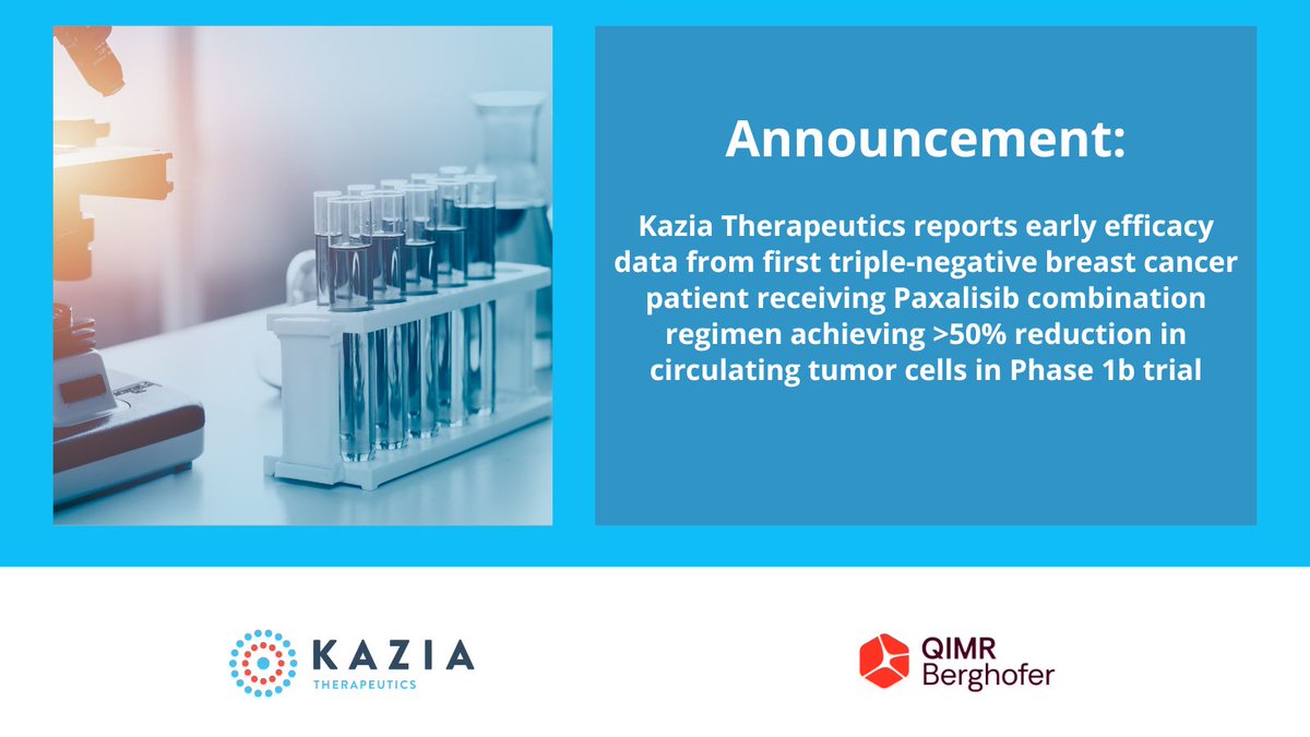 KaziaTx's tweet photo. @KaziaTx is pleased to announce preliminary results from the first patient in its Phase 1b trial evaluating a combination regimen of Paxalisib, pembrolizumab (Keytruda®) &amp; standard chemotherapy after completing Cycle 1 of dosing. 
https://t.co/Q9mYOPGT9y

#breastcancer #paxalisib https://t.co/zDstWgA4Yo