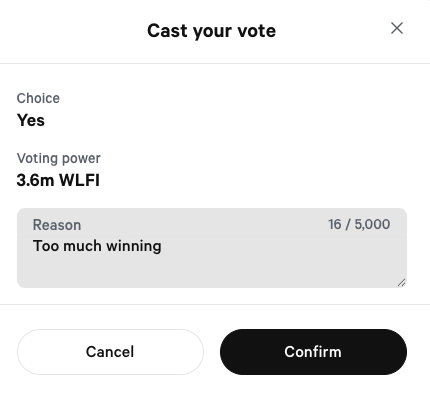 I just voted "Yes" on "Proposal: Make $WLFI Token Tradable" vote.worldlibertyfinancial.com/#/proposal/0x2… #https://vote.worldlibertyfinancial.com/