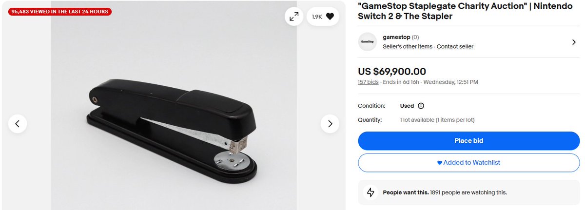 BitcoinHomework's tweet image. Someone launch #StaplerUnderwearSwitchInu - the beta beta vamp of #Stapler #SixFigureStapler and #Underwear @NintendoAmerica Switch Auction on @eBay 

@Gamestop meme meta loading.

Stapler on Ebay nearly $100k! 

1900 People on Ebay Following it! 

Only 1300 holders of the