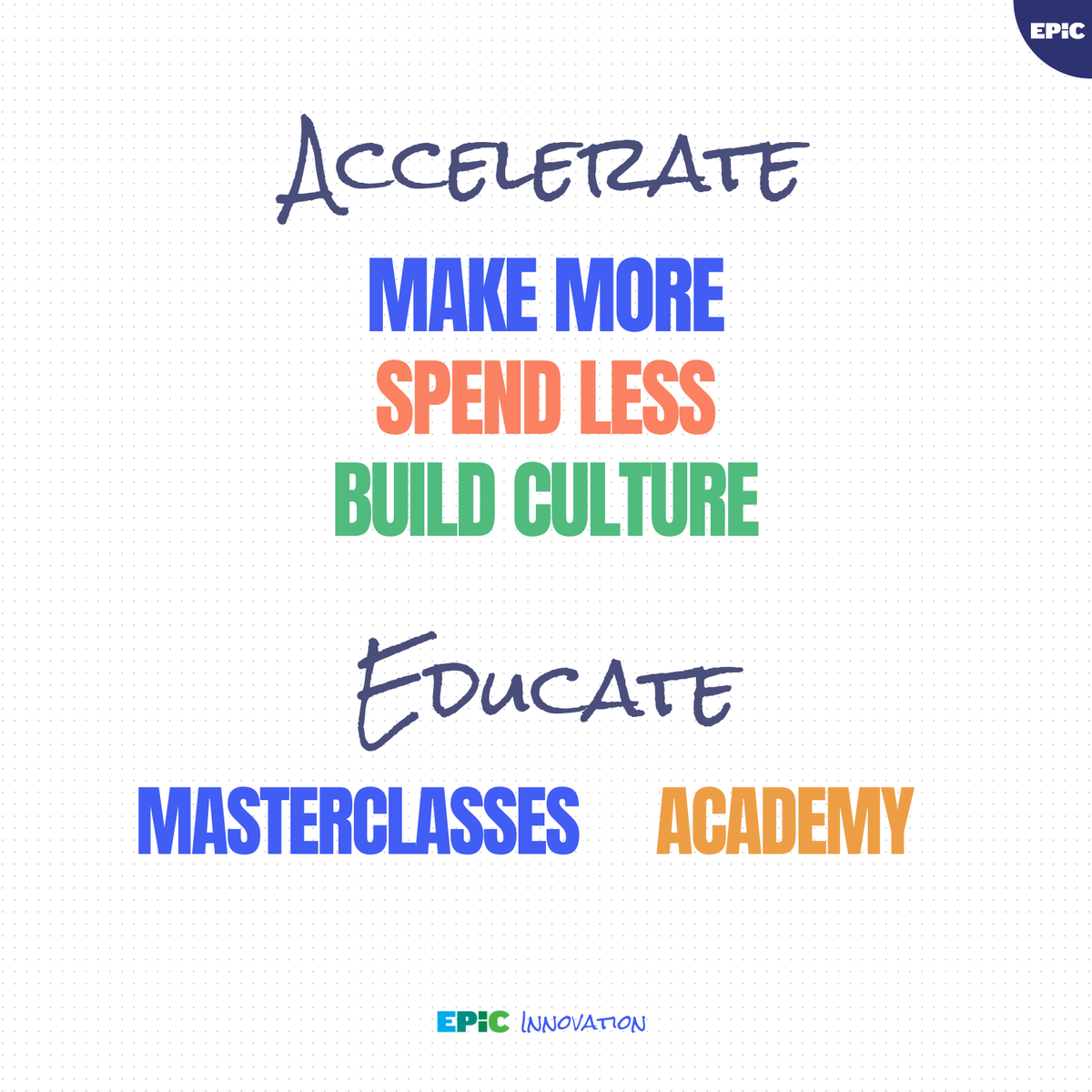 ACCELERATE your teams + 
EDUCATE your people

At EPiC, we’re all about helping you make more, spend less, and build a culture that truly thrives.
👉 Come get EPiC with us hubs.la/Q03nVBF80

#culture #leadership #team #success
