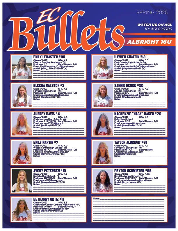 EC Bullets - Albright (@bulletsalbright) on Twitter photo Atlanta Legacy Showcase schedule⬇️⬇️
Coaches check out our girls🧡💙
<a href="/Em_LeMaster2027/">Emily LeMaster C/Util ‘27</a>
<a href="/ERalston2027/">Eleena Ralston</a>
<a href="/aubreydavis2027/">Aubrey Davis</a>
<a href="/EmilyMartin2027/">Emily Martin</a>
<a href="/avepetersen2027/">Avery Petersen 2027 🌻</a>
<a href="/bethannyortizsb/">Bethanny</a>
<a href="/HaydenChaffin26/">Hayden Chaffin</a>
<a href="/HedgeSammie20/">Sammie Hedge</a>
<a href="/MackBaker26/">Mackenzie Baker</a>
<a href="/tay31alb/">Taylor Albright</a>
<a href="/p_schwieter/">Peyton Schwieter ‘27</a> Atlanta Legacy Showcase schedule⬇️⬇️
Coaches check out our girls🧡💙
<a href="/Em_LeMaster2027/">Emily LeMaster C/Util ‘27</a>
<a href="/ERalston2027/">Eleena Ralston</a>
<a href="/aubreydavis2027/">Aubrey Davis</a>
<a href="/EmilyMartin2027/">Emily Martin</a>
<a href="/avepetersen2027/">Avery Petersen 2027 🌻</a>
<a href="/bethannyortizsb/">Bethanny</a>
<a href="/HaydenChaffin26/">Hayden Chaffin</a>
<a href="/HedgeSammie20/">Sammie Hedge</a>
<a href="/MackBaker26/">Mackenzie Baker</a>
<a href="/tay31alb/">Taylor Albright</a>
<a href="/p_schwieter/">Peyton Schwieter ‘27</a>
