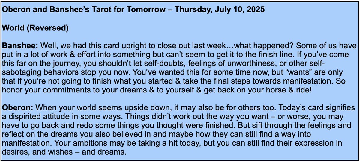Some of us are so close to finishing a project, goal, something you’ve worked hard on. But instead of galloping your way to the finish line you stopped short. Time to get back in the saddle! Here’s the Tarot for Tomorrow, Thursday, July 10, 2025. #tarot #dailytarot #TarotReading