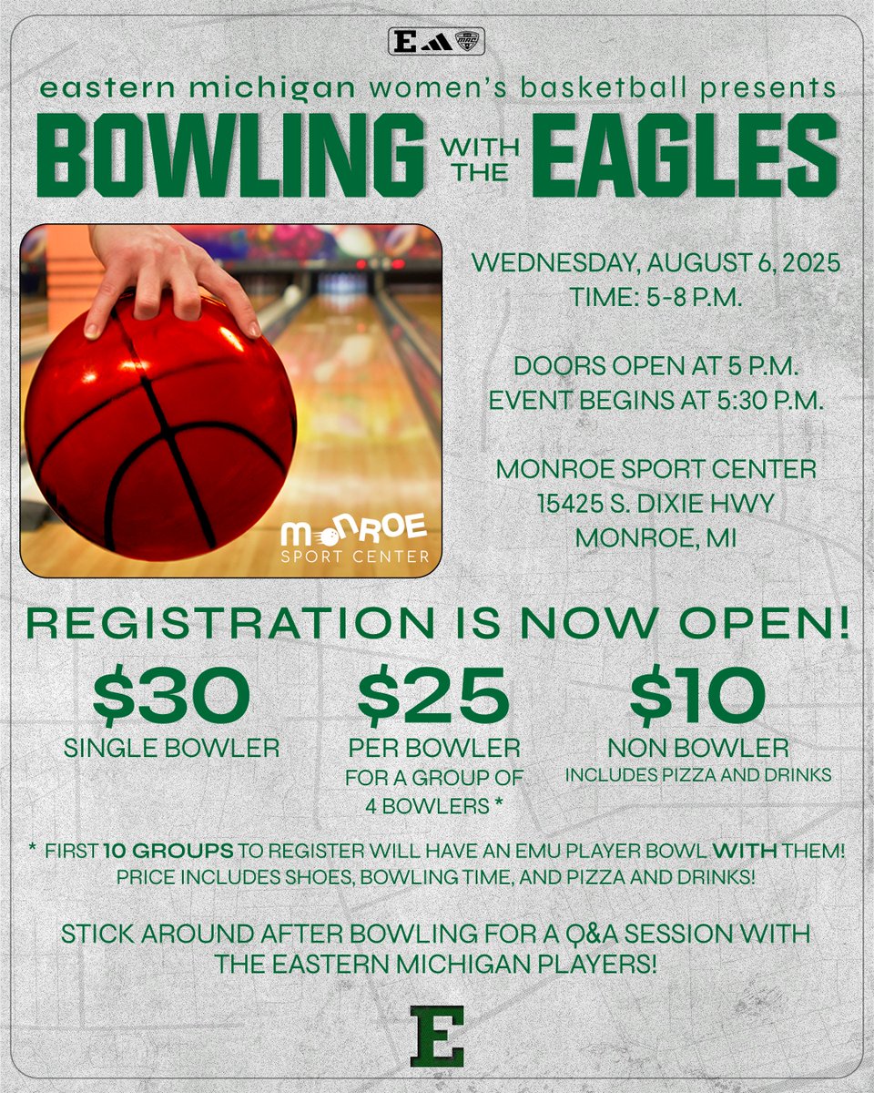 EMUWBB's tweet image. 4⃣ weeks out from our Inaugural Bowling with the Eagles event!🦅🎳

Register below to bowl with our players, participate in silent auctions &amp;amp; raffles, a Q&amp;amp;A with the student-athletes, and more!

🖇️tinyurl.com/yuumnbj9

#EMUEagles | #GreenLightGO