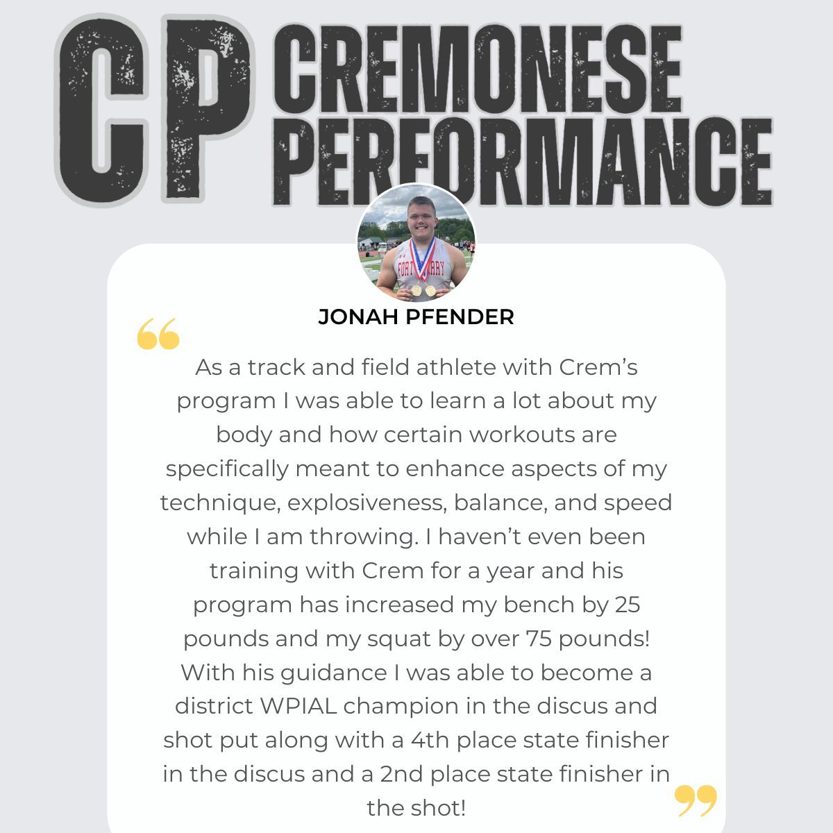 🏋️ Cremonese Performance can help you take your game to the next level — we’ve got the blueprint.

✅ Speed
✅ Strength
✅ Recovery
✅ Confidence

Check out what an athlete that trains with the Cremonese Training system has to say.

🔗check out cremstrength.com