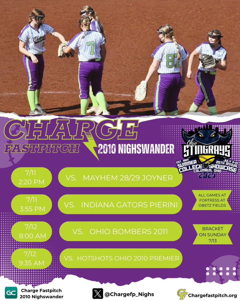 We’re headed to Columbus this weekend for the Stingray’s Showcase! Ready to compete, grind, and shine. Follow along on GameChanger or come see us in person! Let’s go! ⚡️🥎💜💚🔥 #GoCharge @chargefp_nighs