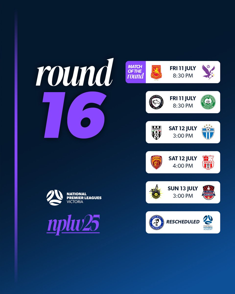 🔥 Round 16 is here!

Five big matches await, starting with a Friday night blockbuster as Preston Lions take on Boroondara Eagles under lights.