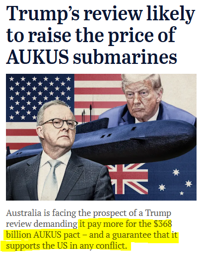 This is terrifying. 

Trump should not be allowed to decide how Australia spends its money or its foreign policy!

Where is the line? What lengths will Albanese go to in order to appease Trump?