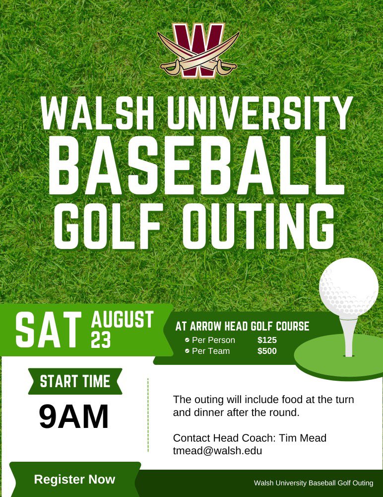 Use the link below to book your foursome for our annual Baseball Golf Outing. See you there!
athletics.walsh.edu/sports/2022/7/…