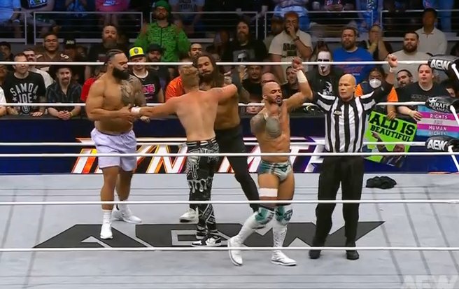 SKWrestling_'s tweet photo. Ricochet gets the win!
#AEWDynamite https://t.co/rCFwYkT4hT
