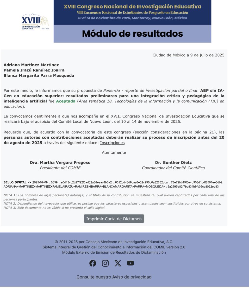 ¡Feliz porque aceptaron nuestra ponencia sobre PBL en la clase de Macroeconomía (sin IA), que escribimos con Pamela Ramírez y Blanca Parra! La presentaremos en el 18 Congreso del #COMIE. 

Nos vemos en Monterrey!! 🎉