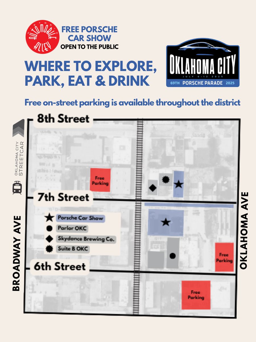 Know Before You Go to The Display of Porsches! 
🗓️ Thursday, July 10 | 5:30–8:30 PM | NE 7th Street
ℹ️ Free, open to the public, walkable, and family-friendly+
🚗 Come for the 125+ Porsches, and stay for all our district offers. 
Learn more: downtownokc.com/event/porsche-…