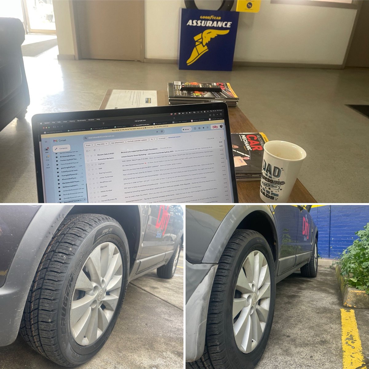 Got a bit of work done while four new tyres were placed on the trusty <a href="/DifySocial/">Dify Social</a> steed 🛞🐎 #supportlocal #business