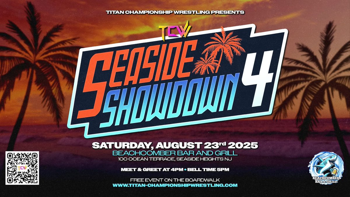 Announcement!!!

Titan Championship Wrestling returns to the Boardwalk of Seaside Heights, NJ in front of The <a href="/BEACHCOMBERBAR/">Beachcomber Bar</a> &amp; Grill Saturday, August 23rd.

This is a HUGE way to close out the summer on the Jersey Shore 

Details coming soon!!