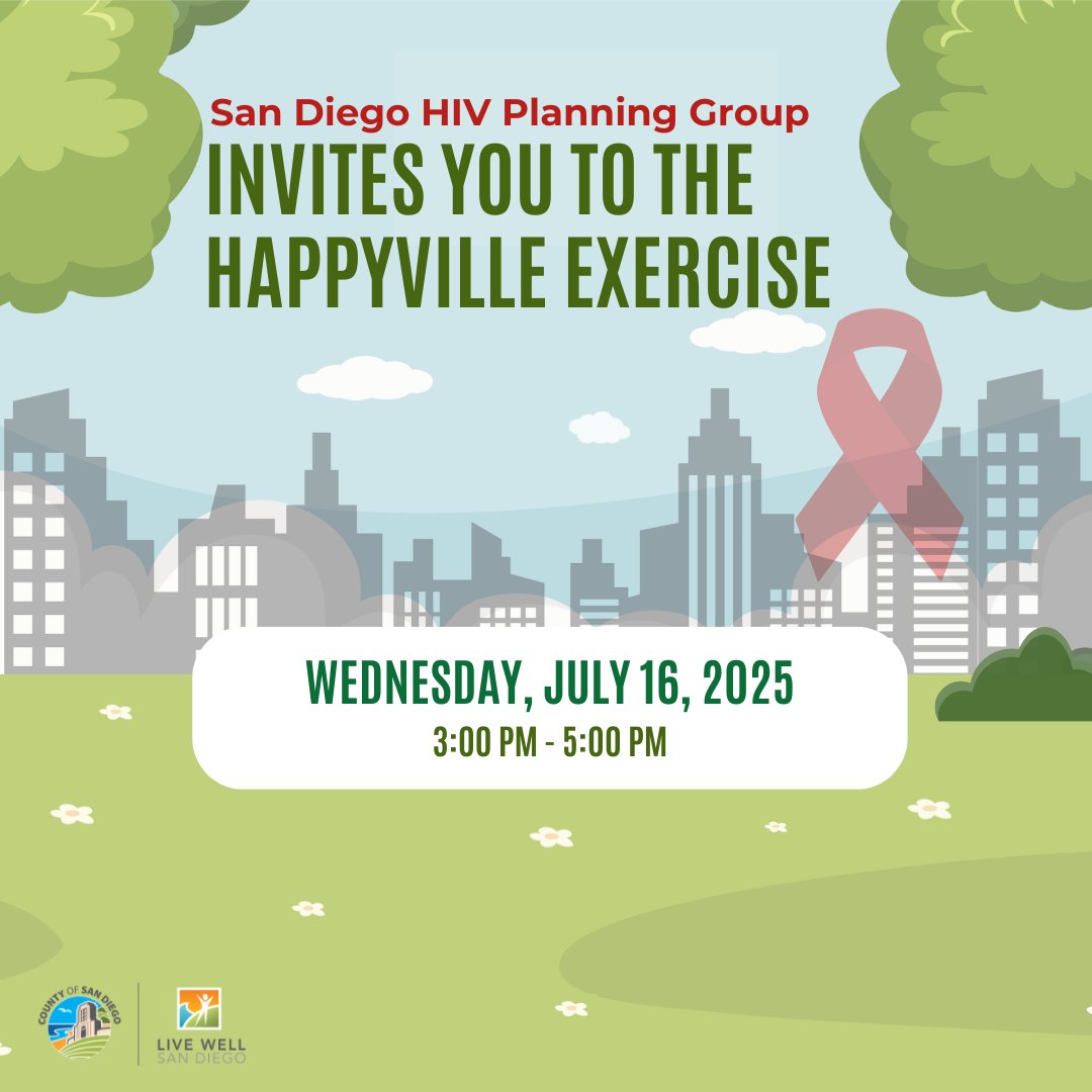 SDCountyHHSA's tweet image. The San Diego HIV Planning Group invites you to a fun, hands-on activity focused on HIV care and prevention planning. Join us at the Southeastern Live Well Center on July 16 from 3–5pm. Food will be provided! Can&apos;t make it? Join virtually: bit.ly/Happyville2025