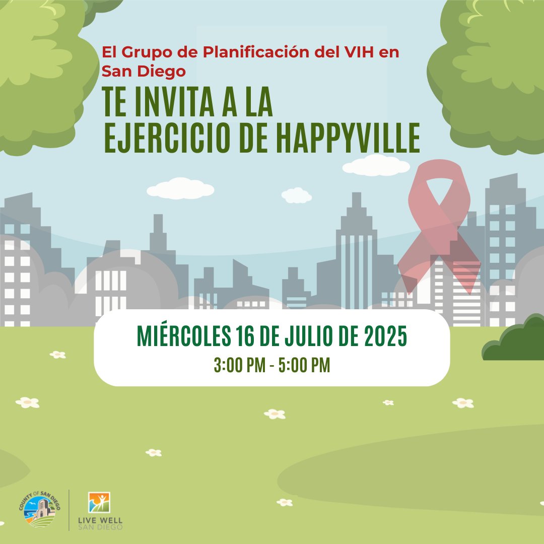 SDCountyHHSA's tweet image. The San Diego HIV Planning Group invites you to a fun, hands-on activity focused on HIV care and prevention planning. Join us at the Southeastern Live Well Center on July 16 from 3–5pm. Food will be provided! Can&apos;t make it? Join virtually: bit.ly/Happyville2025