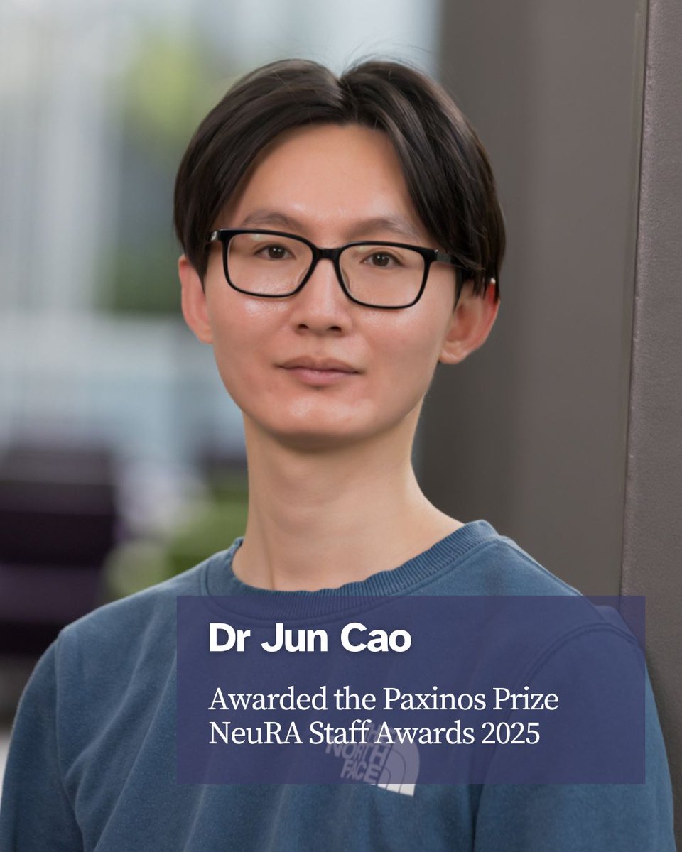 neuraustralia's tweet photo. Congratulations Dr Jun Cao our 2025 Paxinos Prize winner in the NeuRA #StaffAwards. Jun received award for best paper by a #NeuRA postdoctoral researcher. Read it here: https://t.co/s2dDwxHaxZ. #research #neuroscience https://t.co/8iKtPArcER