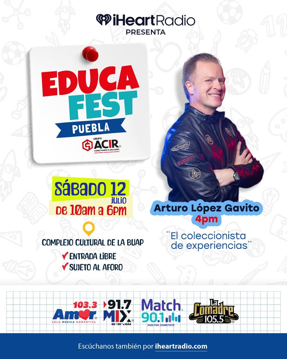 CarlosEn917Mix's tweet photo. Este sábado 12 de julio no te pierdas a Arturo López Gavito en #EducaFest Puebla 🧠✨
📍 Complejo Cultural de la BUAP
🕙 De 10 AM a 6 PM
🗣️ A las 4 PM charla: “El coleccionista de experiencias”
🎟️ Entrada libre, sujeta a aforo
#MixFM #iHeartRadio #Puebla https://t.co/xGb7ZDaKqQ