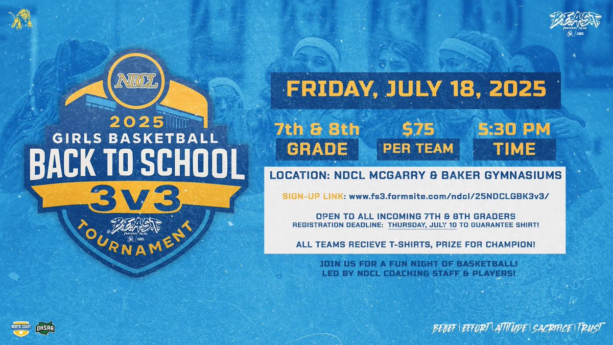 NDCL Girls Basketball (@ndcl_gbball) on Twitter photo ⏰ DEADLINE IS TOMORROW!
Last chance to register for the NDCL Back-to-School 3v3 Tournament 🏀
📅 NEXT Friday, July 18
🕠 Starts at 5:30 PM
👧 Open to 7th & 8th grade girls
Sign up before it’s too late! 🔗 fs3.formsite.com/ndcl/25NDCLGBK…
#WeAreNDCL | #BEAST🦁 ⏰ DEADLINE IS TOMORROW!
Last chance to register for the NDCL Back-to-School 3v3 Tournament 🏀
📅 NEXT Friday, July 18
🕠 Starts at 5:30 PM
👧 Open to 7th & 8th grade girls
Sign up before it’s too late! 🔗 fs3.formsite.com/ndcl/25NDCLGBK…
#WeAreNDCL | #BEAST🦁