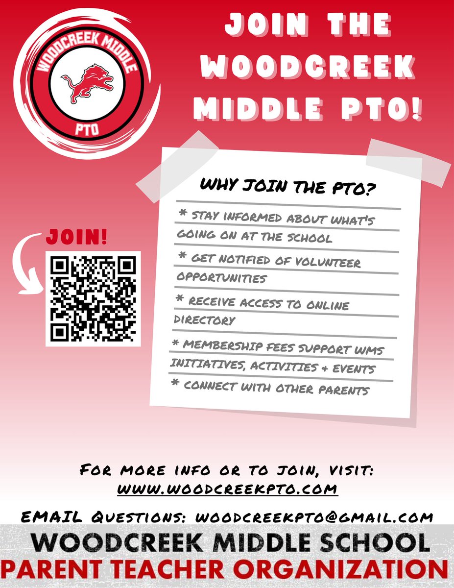 Join WMS PTO or renew your membership for the 2025-26 school year! Your annual membership allows you to stay informed, get involved, and supports the PTO’s ongoing initiatives at the school. Help WMS stay elite and join today! 📷
Link to join: woodcreekpto.membershiptoolkit.com
