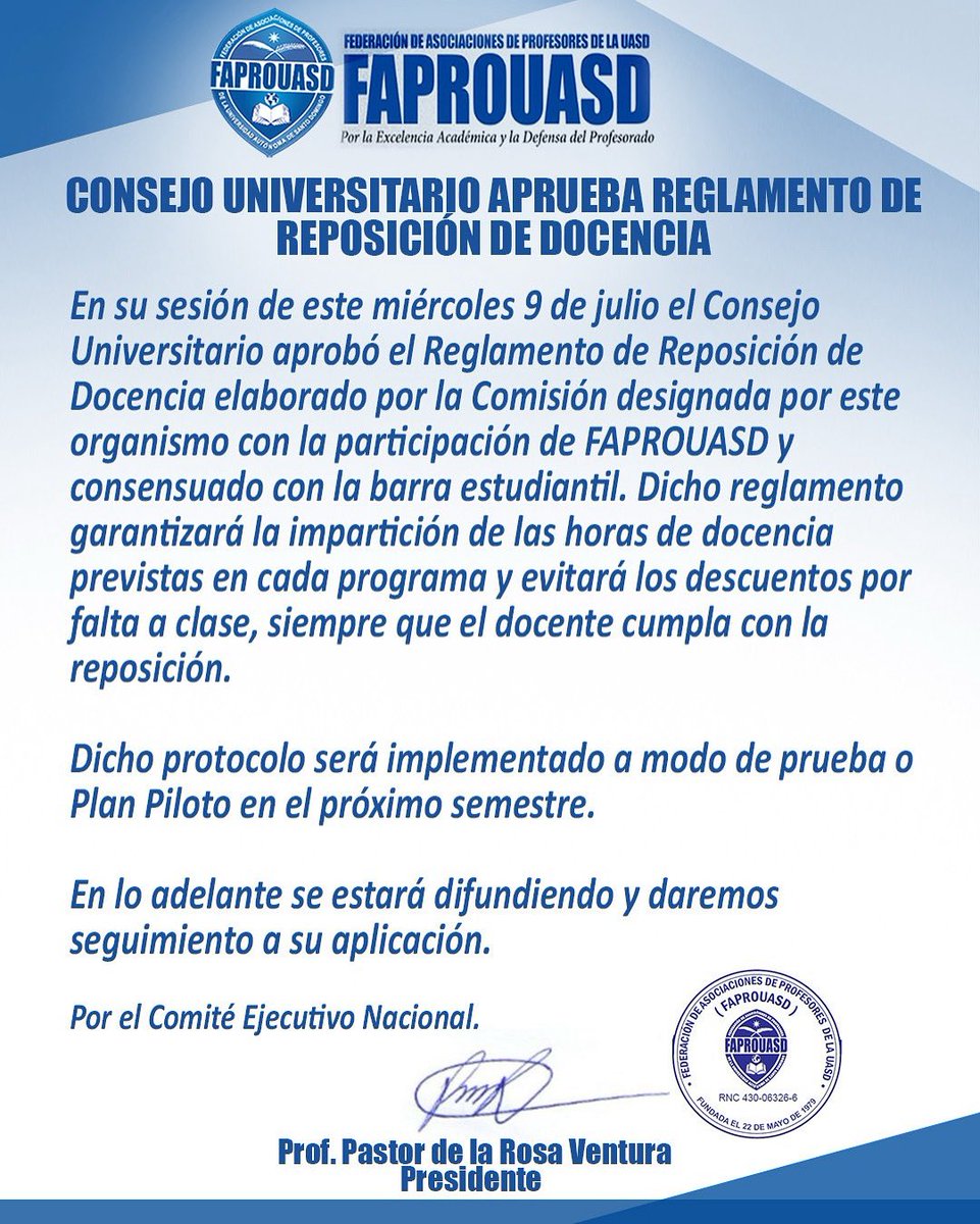 ¡𝐀𝐩𝐫𝐨𝐛𝐚𝐝𝐨 𝐞𝐥 𝐑𝐞𝐠𝐥𝐚𝐦𝐞𝐧𝐭𝐨 𝐝𝐞 𝐑𝐞𝐩𝐨𝐬𝐢𝐜𝐢ó𝐧 𝐝𝐞 𝐃𝐨𝐜𝐞𝐧𝐜𝐢𝐚!

Se aplicará como plan piloto el próximo semestre.

¡Avanzamos en la defensa del profesorado y la calidad académica!

#FAPROUASD #ReposiciónDocente #UASD