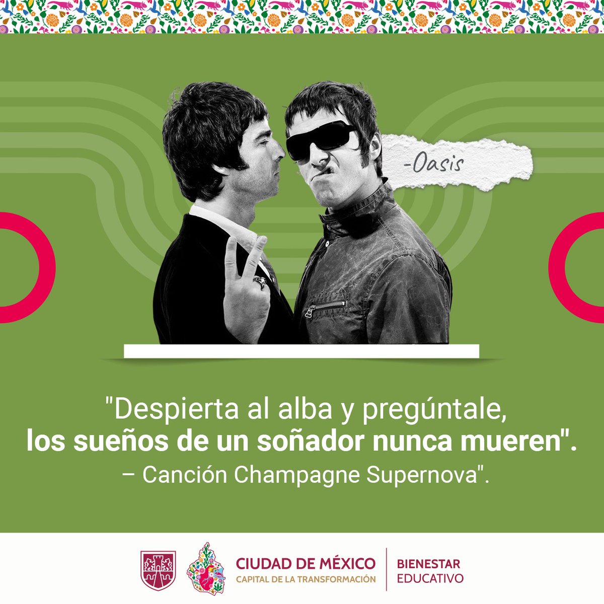 BienestarEdu's tweet photo. #FraseDelDía 💬 Oasis es una influyente banda británica de rock, formada en Mánchester en 1991, liderada por los hermanos Liam y Noel Gallagher. Con su estilo britpop y actitud desafiante, alcanzaron fama mundial en los años 90.

#BuenasNoches
#CapitalDeLaTransformación https://t.co/Sqq7AHjmP4
