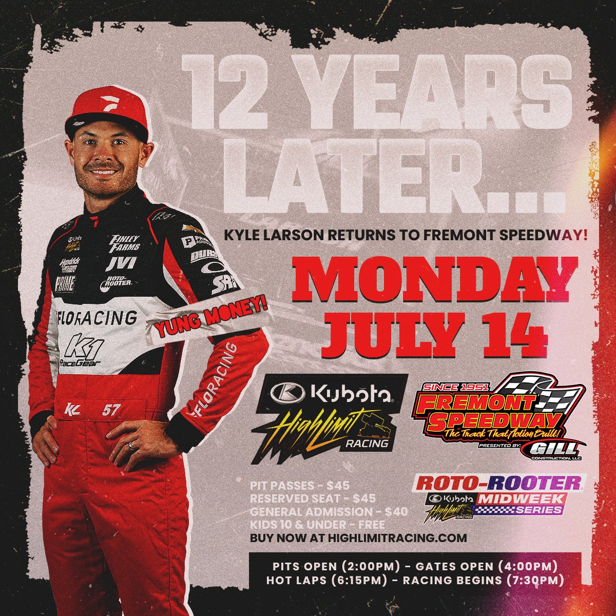 Fremont Speedway (@fremontspeedway) on Twitter photo Heeeeeeee's Baaaaaack!! After 12 years, Kyle Larson returns to the Track That Action Built for the <a href="/HighLimitRacing/">High Limit Racing</a> race on Monday, July 14th! You don't want to miss this! Get advanced tickets here > bit.ly/3Bsb4Sa Heeeeeeee's Baaaaaack!! After 12 years, Kyle Larson returns to the Track That Action Built for the <a href="/HighLimitRacing/">High Limit Racing</a> race on Monday, July 14th! You don't want to miss this! Get advanced tickets here > bit.ly/3Bsb4Sa